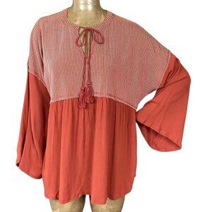 Gigio Long Bell Sleeve BOHO Tassle Tie Tunic Top Sz S Rust #312J